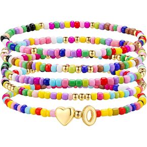 M MOOHAM 5PCS Colorful Beaded Initial Bracelets for Girls Women - Cute Stretch Heart Letter Beaded Bracelet Bohemian Initial Stackable Bracelet Birthday Gift Jewelry for Kids Teen Girl in Kuwait