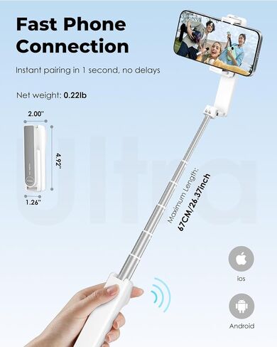 Viozon Aluminum Alloy Wireless Selfie Stick, Lightweight Extendable Pocket-Size Phone Stick with Remote, Compact Travel Selfie Stick Compatible with 4–7" Smartphones for Vlog/Filming in Saudi Arabia