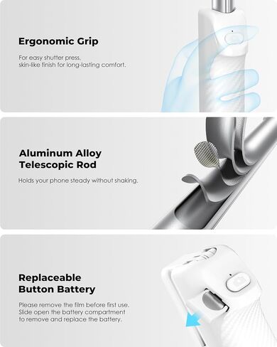 Viozon Aluminum Alloy Wireless Selfie Stick, Lightweight Extendable Pocket-Size Phone Stick with Remote, Compact Travel Selfie Stick Compatible with 4–7" Smartphones for Vlog/Filming in Saudi Arabia