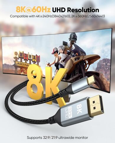 USB C to DisplayPort 1.4 Cable 6FT 8K@60Hz, 4K@240Hz, USBC Type C to DisplayPort Unidirectional USB C to DP Compatible with Thunderbolt 5/4/3, MacBook Pro/Air, iPad, iPhone 17/16, Mac mini in Kuwait