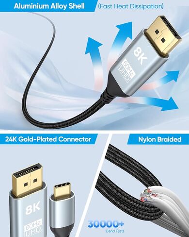 USB C to DisplayPort 1.4 Cable 6FT 8K@60Hz, 4K@240Hz, USBC Type C to DisplayPort Unidirectional USB C to DP Compatible with Thunderbolt 5/4/3, MacBook Pro/Air, iPad, iPhone 17/16, Mac mini in Kuwait