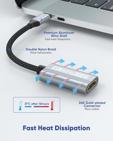 USB C to HDMI Adapter, 4K@60Hz USBC Type C to HDMI Adapter for Monitor Compatible with Thunderbolt 5/4/3 for MacBook Air/Pro, iPhone 17/16/15, iPad Pro/Air, iMac, Pixelbook, Laptop, Galaxy 25 in Kuwait
