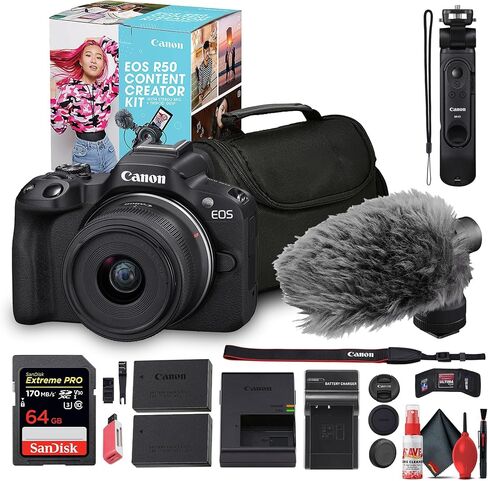 مجموعة أدوات إنشاء المحتوى Canon EOS R50 مع عدسة مقاس 18-45 مم | كاميرا بدون مرآة مع ميكروفون وحامل ثلاثي القوائم وشاشة قابلة للطي (أسود) + بطاقة ذاكرة سعة 64 جيجابايت + حقيبة + شاحن + بطارية LPE17 + قارئ بطاقات + المزيد (متجددة) in Saudi Arabia