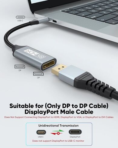 USB C to DisplayPort 1.4 Adapter 8K@60Hz, USBC to DisplayPort Adapter Compatible with Thunderbolt 5/4/3 (4K@240Hz/144Hz, HDR, 32.4Gbps DP) for MacBook Pro/Air, iPad, Surface, iPhone 17/16, XPS in Saudi Arabia