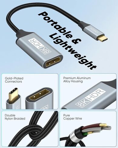 USB C to DisplayPort 1.4 Adapter 8K@60Hz, USBC to DisplayPort Adapter Compatible with Thunderbolt 5/4/3 (4K@240Hz/144Hz, HDR, 32.4Gbps DP) for MacBook Pro/Air, iPad, Surface, iPhone 17/16, XPS in Saudi Arabia