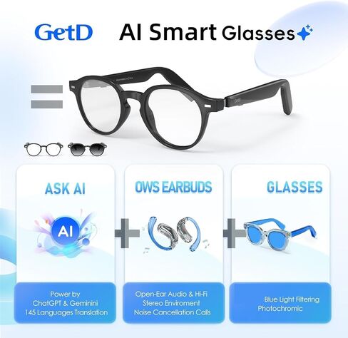 GetD AI Glasses for Men & Women, Smart Glasses Powered by ChatGPT with 145-Language Translation, Blue Light Filtering, Polarized & Photochromic Lenses, 11H Music Play for Travel and Daily Use 2026 NEW in Saudi Arabia