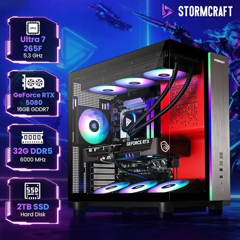 STORMCRAFT Phantom AI Gaming Desktop Intel Core Ultra 7 265F 5.3 GHz,Geforce RTX 5080 with 32GB DDR5 RGB Memory 6000MHz, 2TB NVME SSD,360 AIO Cooler,B860 Chipset,850w Gold PSU,WiFi,BT,USB-C in Kuwait