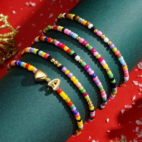 M MOOHAM 5PCS Colorful Beaded Initial Bracelets for Girls Women - Cute Stretch Heart Letter Beaded Bracelet Bohemian Initial Stackable Bracelet Birthday Gift Jewelry for Kids Teen Girl in Kuwait