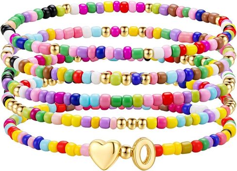 M MOOHAM 5PCS Colorful Beaded Initial Bracelets for Girls Women - Cute Stretch Heart Letter Beaded Bracelet Bohemian Initial Stackable Bracelet Birthday Gift Jewelry for Kids Teen Girl in Kuwait
