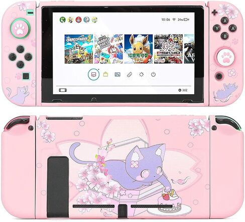 GamePals Cute Protective Shell for Switch, Soft Dockable Case for Nintendo Switch Console and Joycon with 2 Thumb Grips, Anti-Scratch Slim Cover, Sakura Cat (Pink) in Saudi Arabia