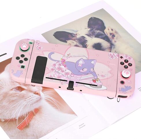 GamePals Cute Protective Shell for Switch, Soft Dockable Case for Nintendo Switch Console and Joycon with 2 Thumb Grips, Anti-Scratch Slim Cover, Sakura Cat (Pink) in Saudi Arabia