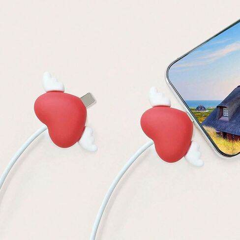 2pcs Wings Heart Cable Protector – Cute & Durable Anti-Break Fixer Compatible with Apple Charging Cables – Decorative USB Cord Accessory - RED in Saudi Arabia