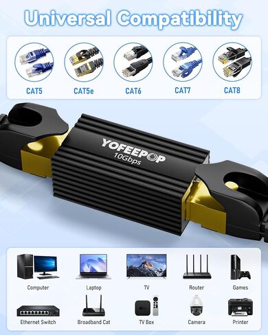 وصلة إيثرنت RJ45، موسع كابل شبكة 10 جيجابت في الثانية لـ Cat8/7/6/5، أنثى إلى أنثى، هيكل من سبائك الألومنيوم، نطاق 328 قدم، عبوتان (أسود) in Kuwait