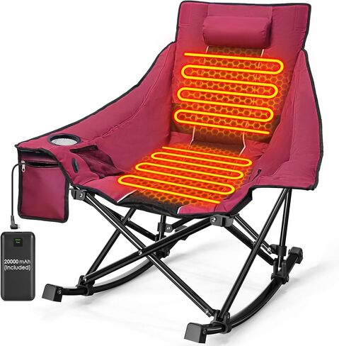 Slendor Oversized Heated Camping Chair with 2000mAh Battery, Padded & Pillow Heated Rocking Chair, 3 Adjustable Heat Settings Camping Rocker Chair for Easy Setup and Foldable Storage in Saudi Arabia