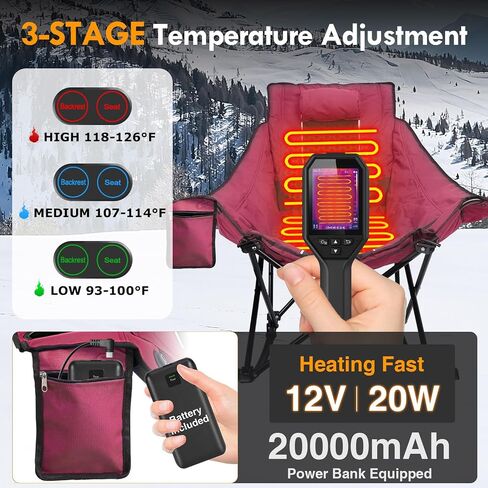 Slendor Oversized Heated Camping Chair with 2000mAh Battery, Padded & Pillow Heated Rocking Chair, 3 Adjustable Heat Settings Camping Rocker Chair for Easy Setup and Foldable Storage in Saudi Arabia