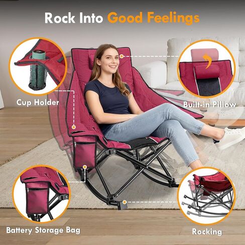 Slendor Oversized Heated Camping Chair with 2000mAh Battery, Padded & Pillow Heated Rocking Chair, 3 Adjustable Heat Settings Camping Rocker Chair for Easy Setup and Foldable Storage in Saudi Arabia