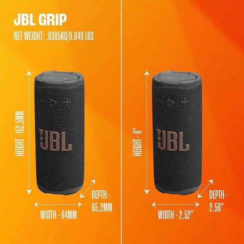 JBL Grip - مكبر صوت بلوتوث مدمج مع صوت JBL Pro جريء وإضاءة محيطة، ما يصل إلى 14 ساعة من وقت التشغيل، مقاوم للماء والغبار والسقوط (IP68)، واتصال متعدد السماعات مع Auracast™ (أسود) in Kuwait