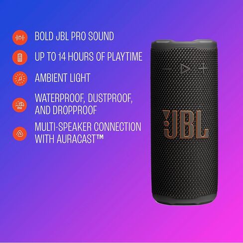 JBL Grip - مكبر صوت بلوتوث مدمج مع صوت JBL Pro جريء وإضاءة محيطة، ما يصل إلى 14 ساعة من وقت التشغيل، مقاوم للماء والغبار والسقوط (IP68)، واتصال متعدد السماعات مع Auracast™ (أسود) in Kuwait