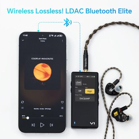 مشغل موسيقى HiFi المحمول TempoTec V1، مشغل صوت رقمي مع بلوتوث ثنائي الاتجاه 5.1. منافذ سماعة رأس مقاس 4.4 مم و3.5 مم + بطاقات microSD (TF) سعة 64 جيجابايت + مشبك خلفي أسود in Kuwait