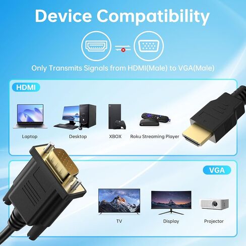 كابل HDMI إلى VGA بطول 3.3 قدم، أحادي الاتجاه مطلي بالذهب 1080P@60 هرتز كابل HDMI (المصدر) إلى VGA (العرض) متوافق مع الكمبيوتر، سطح المكتب، الكمبيوتر المحمول، الكمبيوتر الشخصي، الشاشة، جهاز العرض، HDTV، Raspberry Pi، Roku، Xbox، PS5 in Saudi Arabia