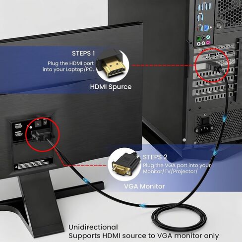 كابل HDMI إلى VGA بطول 3.3 قدم، أحادي الاتجاه مطلي بالذهب 1080P@60 هرتز كابل HDMI (المصدر) إلى VGA (العرض) متوافق مع الكمبيوتر، سطح المكتب، الكمبيوتر المحمول، الكمبيوتر الشخصي، الشاشة، جهاز العرض، HDTV، Raspberry Pi، Roku، Xbox، PS5 in Saudi Arabia