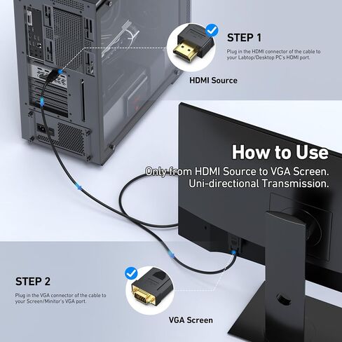 HDMI to VGA 6 Feet Cable, Uni-Directional HDMI Computer to VGA Monitor Cable (Male to Male) Compatible for Computer, Desktop, Laptop, PC, Monitor, Projector, HDTV, Roku, Xbox in Saudi Arabia