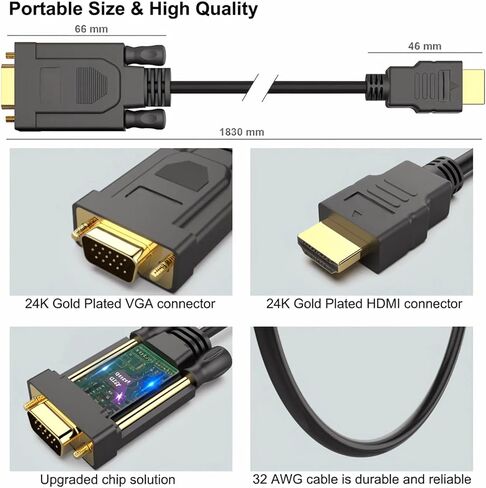 HDMI to VGA 6 Feet Cable, Uni-Directional HDMI Computer to VGA Monitor Cable (Male to Male) Compatible for Computer, Desktop, Laptop, PC, Monitor, Projector, HDTV, Roku, Xbox in Saudi Arabia