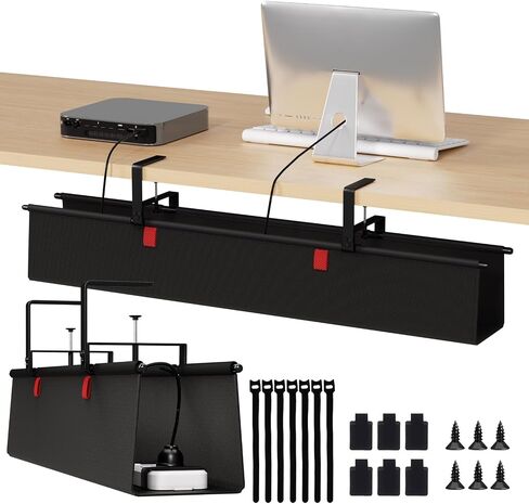 Under Desk Cable Management Tray - 36" Cord Organizer for Desk No Drill, Fabric Under Table Wire Organizer with 16X Cable Ties Hide for Office/Home, Cord Hider Fits Adapters & Sockets, Black in Saudi Arabia