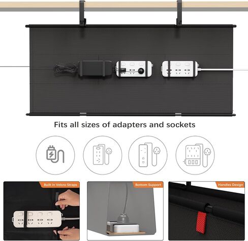 Under Desk Cable Management Tray - 36" Cord Organizer for Desk No Drill, Fabric Under Table Wire Organizer with 16X Cable Ties Hide for Office/Home, Cord Hider Fits Adapters & Sockets, Black in Saudi Arabia