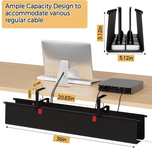 Under Desk Cable Management Tray - 36" Cord Organizer for Desk No Drill, Fabric Under Table Wire Organizer with 16X Cable Ties Hide for Office/Home, Cord Hider Fits Adapters & Sockets, Black in Saudi Arabia