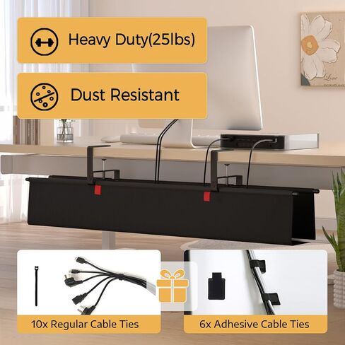 Under Desk Cable Management Tray - 36" Cord Organizer for Desk No Drill, Fabric Under Table Wire Organizer with 16X Cable Ties Hide for Office/Home, Cord Hider Fits Adapters & Sockets, Black in Saudi Arabia