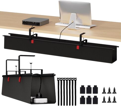 Under Desk Cable Management Tray - 36" Cord Organizer for Desk No Drill, Fabric Under Table Wire Organizer with 16X Cable Ties Hide for Office/Home, Cord Hider Fits Adapters & Sockets, Black in Saudi Arabia