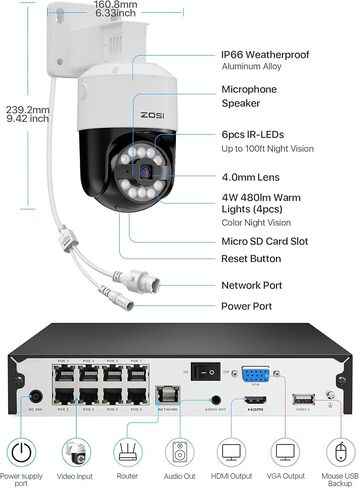 نظام كاميرا أمان منزلي ZOSI 4K PoE مع تقنية AI Face Person Detection، 4 × 5 ميجابكسل 3K Pan/Tilt PoE IP Camera في الهواء الطلق، مسار تلقائي، تكبير رقمي 5X، صوت ثنائي الاتجاه، 8CH 8MP NVR (16CH قابلة للتوسيع)، محرك أقراص ثابتة 2 تيرابايت in Saudi Arabia