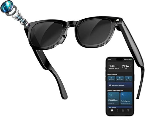 Smart Camera Glasses for Men & Women, Bluetooth Video Glasses with Open Ear Sound Mic & Speakers, Intelligent Touch,Magnetic Charging (Include Black Lens) in Kuwait