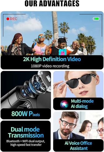 Smart Camera Glasses for Men & Women, Bluetooth Video Glasses with Open Ear Sound Mic & Speakers, Intelligent Touch,Magnetic Charging (Include Black Lens) in Kuwait