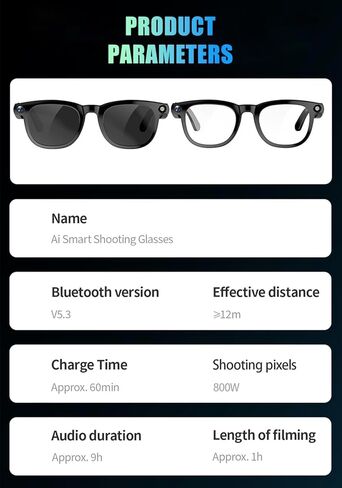 Smart Camera Glasses for Men & Women, Bluetooth Video Glasses with Open Ear Sound Mic & Speakers, Intelligent Touch,Magnetic Charging (Include Black Lens) in Kuwait