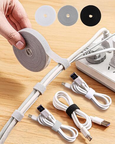 3-Roll Portable Cable Organizers, 1.2cm x 16.4-feet Inches Hook and Loop Fastening Straps, Reusable Cord Management Ties, Black, White, and Gray, Ideal for Home, Office, and Travel in Saudi Arabia