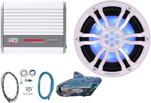حزمة Rockville RM-PREMIUM104 البيضاء: 10 بوصات هواء حر 1200 واط الذروة/300 واط RMS مضخم صوت بحري، MTX WET500.1 مضخم صوت أحادي، RMWK4 4 AWG مجموعة أسلاك أمبير مقاومة للماء، 3 عناصر in Saudi Arabia