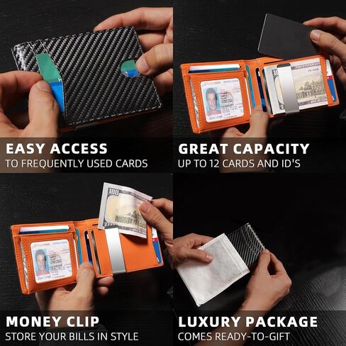 Men's Ultra-Thin RFID Front Pocket Wallet - Durable Leather Bifold, Holds 6+ Cards & Cash Carbon Black&Red in Saudi Arabia