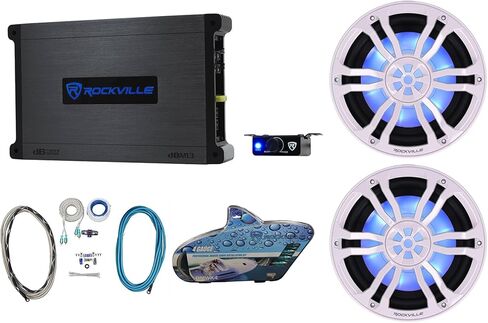 حزمة Rockville RM-PREMIUM102 البيضاء: (2) 10 بوصة هواء مجاني 1200 وات ذروة / 300 وات RMS Marine مضخم صوت أحادي DBM13، مجموعة أسلاك أمبير مقاومة للماء RMWK4 4 AWG، 4 عناصر in Saudi Arabia