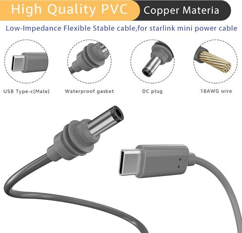 لكابل Starlink Mini بطول 10 أقدام، لكابل الطاقة Starlink Mini USB من النوع C إلى DC (18AWG 5.5 * 2.1 مم) متوافق مع بنك الطاقة 100 واط + ومصادر PD، رمادي مقاوم للماء، أساسيات التخييم في الهواء الطلق in Kuwait