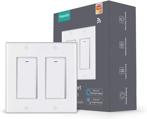 مفتاح إضاءة ذكي بزر ضغط على الحائط من MoesGo WiFi، تحكم متعدد، مفاتيح إضاءة WiFi 2.4 جيجا هرتز، سلك محايد مطلوب، التحكم عن بعد ذكي Life/Tuya، يعمل مع Alexa، Google Home White 2 Gang in Kuwait