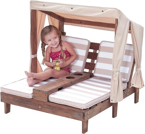 KidKraft Wooden Outdoor Double Chaise Lounge with Cup Holders, Patio Furniture for Kids or Pets, Espresso with Oatmeal and White Striped Fabric in Saudi Arabia