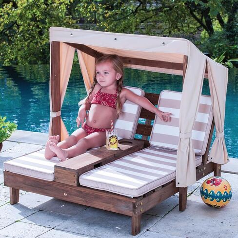 KidKraft Wooden Outdoor Double Chaise Lounge with Cup Holders, Patio Furniture for Kids or Pets, Espresso with Oatmeal and White Striped Fabric in Saudi Arabia