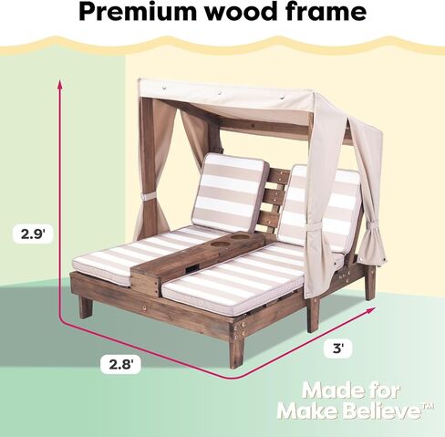 KidKraft Wooden Outdoor Double Chaise Lounge with Cup Holders, Patio Furniture for Kids or Pets, Espresso with Oatmeal and White Striped Fabric in Saudi Arabia