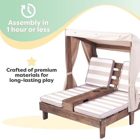 KidKraft Wooden Outdoor Double Chaise Lounge with Cup Holders, Patio Furniture for Kids or Pets, Espresso with Oatmeal and White Striped Fabric in Saudi Arabia
