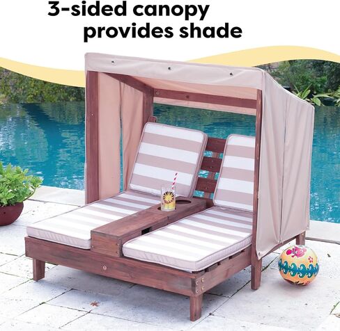 KidKraft Wooden Outdoor Double Chaise Lounge with Cup Holders, Patio Furniture for Kids or Pets, Espresso with Oatmeal and White Striped Fabric in Saudi Arabia
