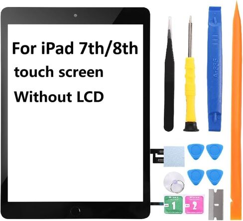 محول رقمي لشاشة iPad 7th/8th Generation 10.2 بوصة (A2197، A2198، A2200، A2270، A2428، A2429، A2430)، لأجزاء استبدال شاشة iPad 7/8 (بدون LCD)، + زر الصفحة الرئيسية + أدوات إصلاح مثبتة مسبقًا (أسود) in Kuwait