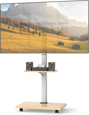 Rolling TV Stand on Wheels, Mobile TV Cart for 32"-75" TVs, Portable AV Cart with 30° Tilt Mount, Adjustable Shelf & Cable Management for Living Room Bedroom Home Office (White & Natural) in Saudi Arabia