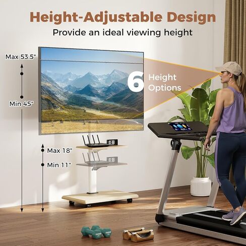 Rolling TV Stand on Wheels, Mobile TV Cart for 32"-75" TVs, Portable AV Cart with 30° Tilt Mount, Adjustable Shelf & Cable Management for Living Room Bedroom Home Office (White & Natural) in Saudi Arabia